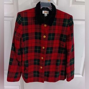 Vintage Talbots Women's Sz 14 Red Plaid 100% Wool Blazer Coat Holiday Christmas